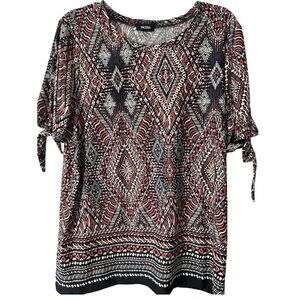 Tacera Tunic Top Scoop Neckline Sleeve Ties Black Red Tribal Print Size Large